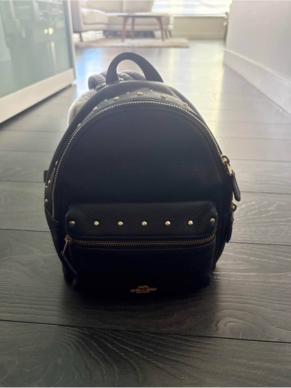 Coach Black Leather Mini Backpack with Gold Studs